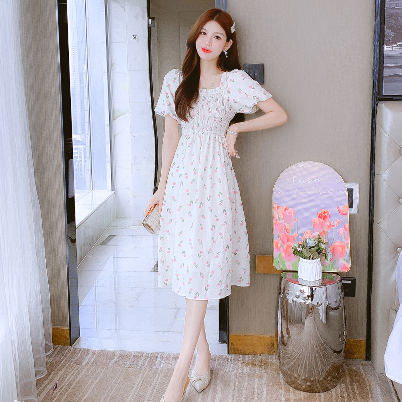 Women's Summer 2025 French Style Tea Dress with Short Sleeves and Cinched Waist - Image 4