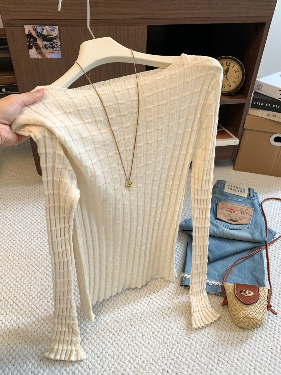 Women's Textured Grid Long Sleeve T-Shirt Fall 2026 Slim Fit Knit Top