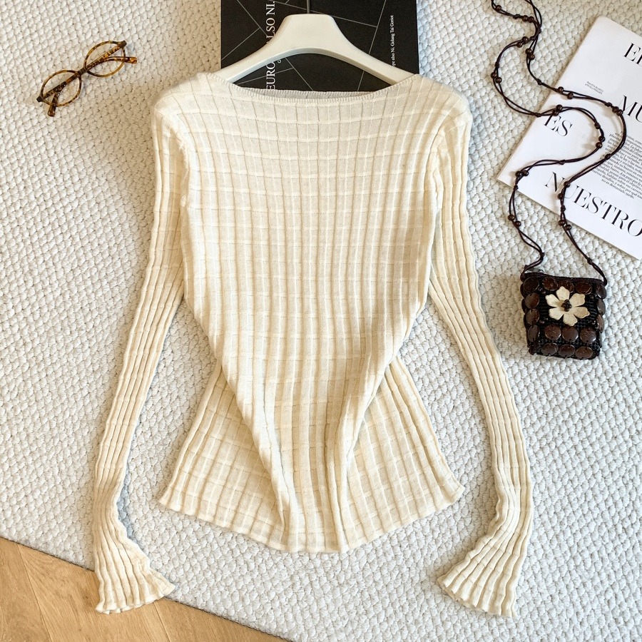 Women's Textured Grid Long Sleeve T-Shirt Fall 2026 Slim Fit Knit Top - Image 5