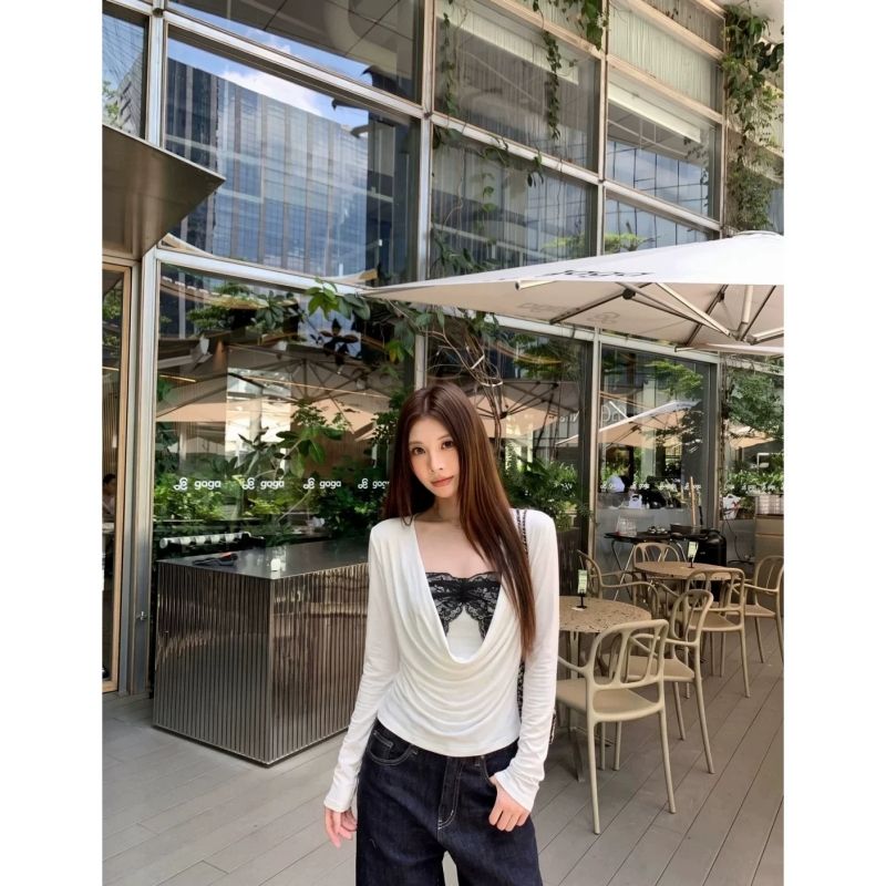 Women's Two-Piece Spliced Tube Top and Draped Cowl Neck Blouse Set