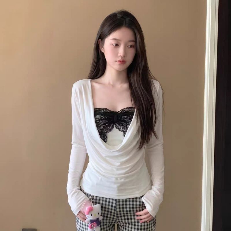 Women's Two-Piece Spliced Tube Top and Draped Cowl Neck Ruched Blouse Set Retro Sweet Style