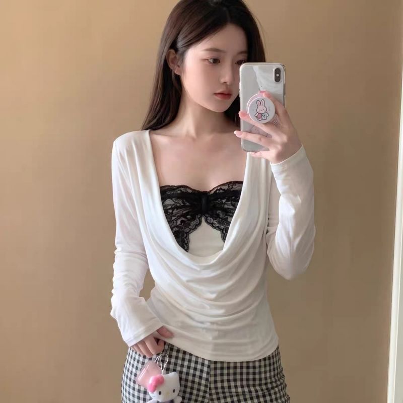 Women's Two-Piece Spliced Tube Top and Draped Cowl Neck Ruched Blouse Set Retro Sweet Style - Image 3