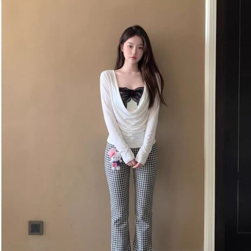 Women's Two-Piece Spliced Tube Top and Draped Cowl Neck Ruched Blouse Set Retro Sweet Style - Image 4