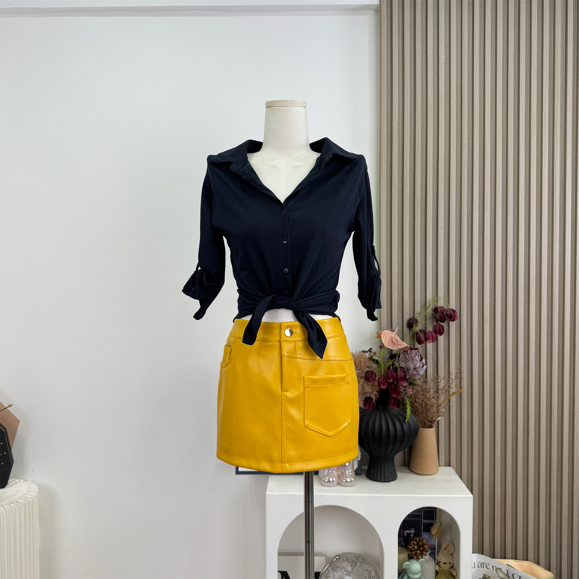Yellow Faux Leather High Waist Bodycon Mini Skirt for Women