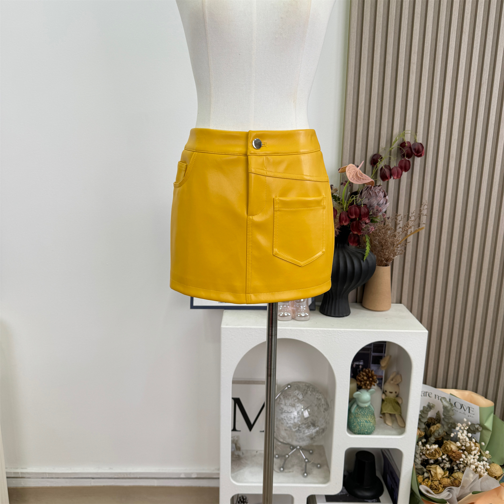 Yellow Faux Leather High Waist Bodycon Mini Skirt for Women - Image 5